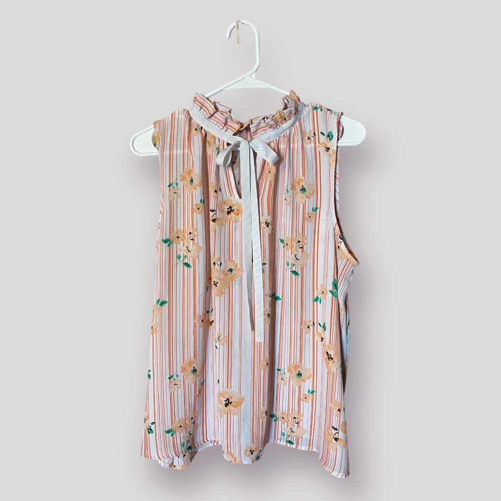 Elle Business Casual Pink and White Striped Floral Blouse Size XL